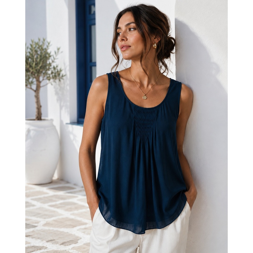 Vintage 90s Y2K Ellen Tracy Silk Tank Top Navy Blue Smocked Sleeveless Blouse 14